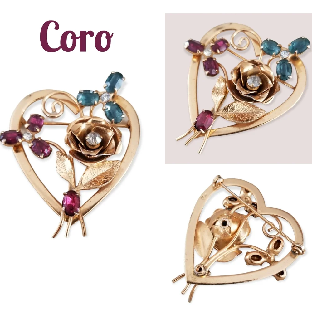Vintage Signed Coro Gold Tone Heart Brooch Ruby Sapphire Rhinestone